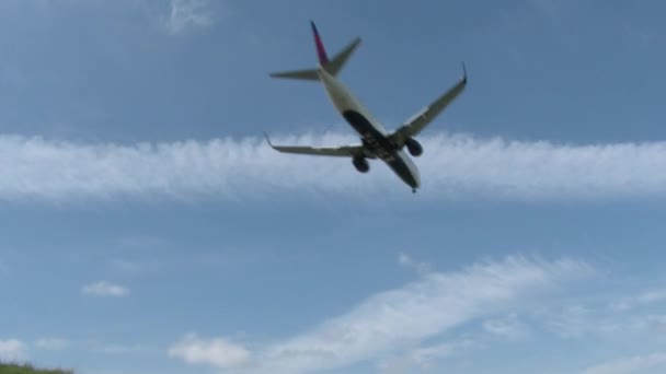 Commercial Airline Flying Overhead Comes Landing — Stock Video