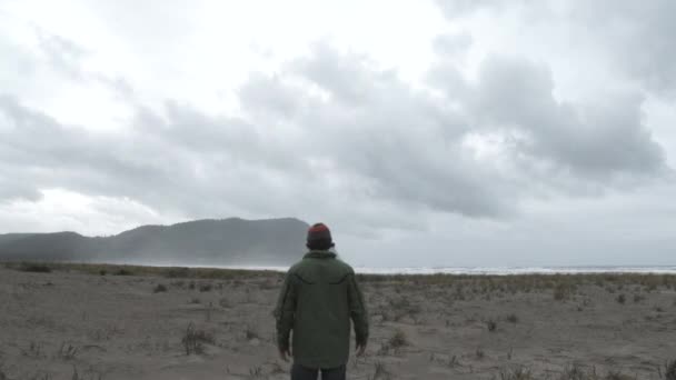 オレゴン海岸で嵐の日に歩く人への黒人の移行 — ストック動画