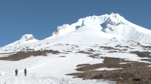 オレゴン州フッド山のクロスカントリースキー場青い空の日に雪に覆われた山のピークに向かって登る — ストック動画