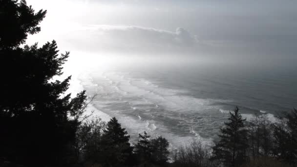 Ocean Waves Breaking Oregon Coast High Elevation Viewpoint — Stock Video