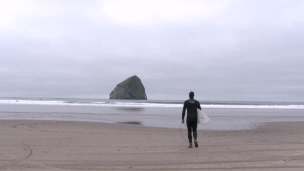 Surfista Trajes Neopreno Sale Surfear Costa Del Pacífico Día Tormentoso — Vídeo de stock