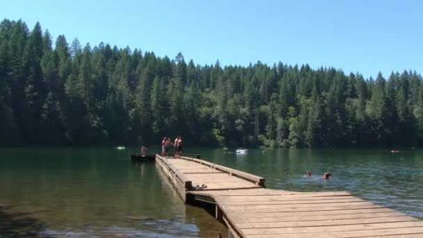 Grupo Niños Saltan Del Extremo Del Muelle Madera Hermoso Lago — Vídeo de stock