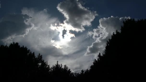 嵐の雲がオレゴン州ポートランドの木の線を通過する際に輝く太陽の4K時間の経過 — ストック動画