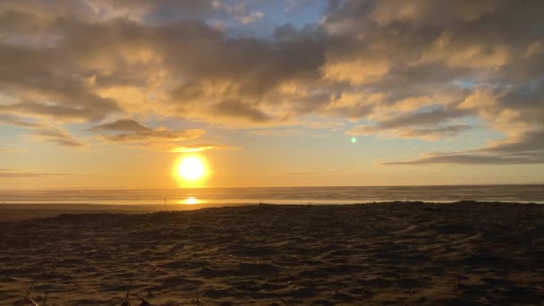 Arkanıza Yaslanın Oregon Sahilinden Gün Batımında Kumlu Sahilde Rahatlayın — Stok video