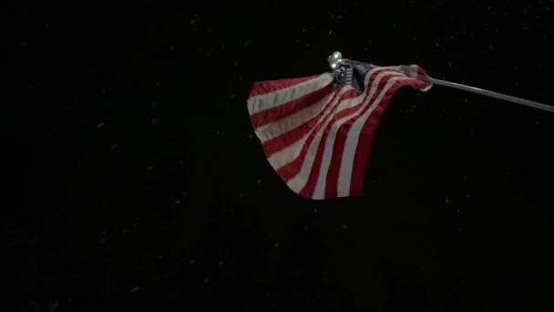 Flagge Der Vereinigten Staaten Von Amerika Weht Nachthimmel Schnee Fällt — Stockvideo