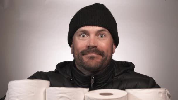 Man Studio Shows His Fascination Toilet Paper — Stock Video