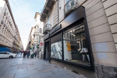 Torino, İtalya - Şubat, 2018 yaklaşık: Juventus stok yolu ile Garibaldi. Turin, Piedmont bir İtalyan futbol kulübü Juventus futbol kulübüdür. Bazı Torinese öğrenciler tarafından 1897 yılında kurulan.