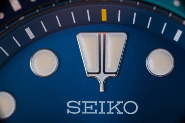 Bologna, İtalya - 19 Mart 2018: Seiko Prospex Blue Lagoon limited edition profesyonel dalgıç izlemek. Seiko seyretmek ürün, hassas aletler ve mekanik imalat bir Japon şirketidir. 