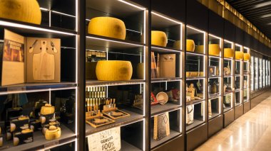 Bologna, İtalya - Aralık, 2017 yaklaşık: Parmiggiano Reggiano Fico Eataly dünya, Bologna, yer alan içinde dünyanın en büyük agrofood Parkı deposudur. İç görünüm.