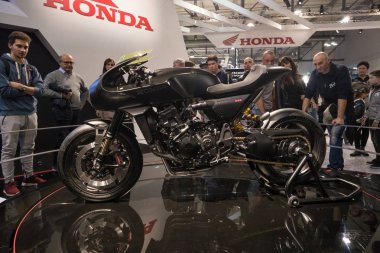 MILAN, ITALY - CIRCA NOVEMBER, 2017: Honda stand at the 75th EICMA, an International Motorcycle Exhibition in Rho, Milan. clipart