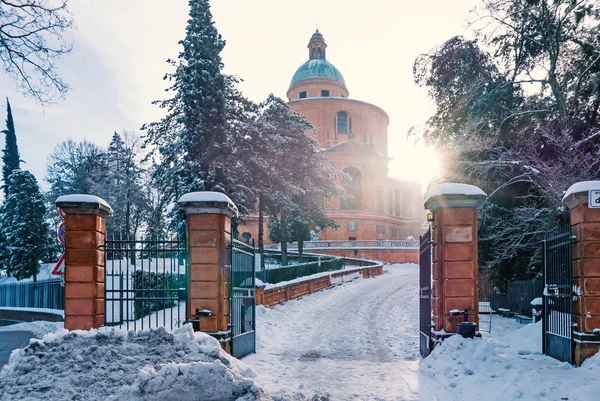 San Luca Sanctuary Covered Snow Winter Time Blue Sky Bologna — Stock Photo, Image