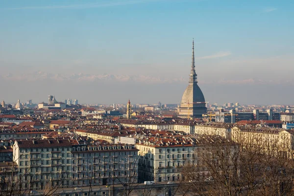 Turin Skyline Landskap Med Mole Antonelliana Och Bergen Från Cappuccini — Stockfoto