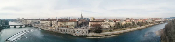 Turin Luftige Skyline Panoramalandschaft Mit Fluss Und Maulwurf Antonelliana Italien — Stockfoto