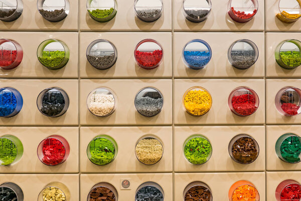 LONDON, UK - CIRCA JANUARY, 2018: Lego store interior view. Lego is a popular line of construction toys popular with kids and collectors worldwide.
