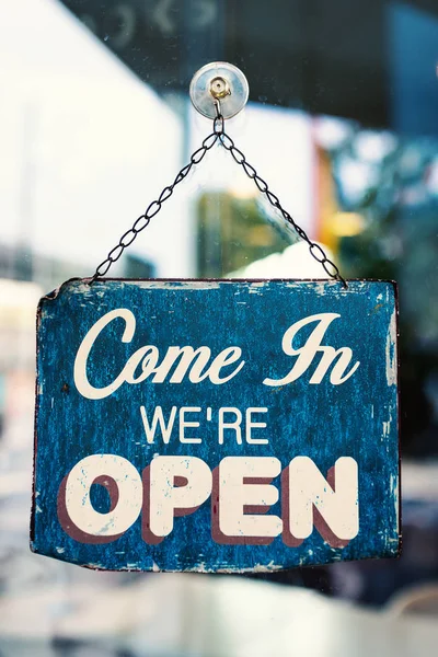 Open Vintage Wooden Sign Board Glass Store Window Filtered Image — Stock Photo, Image