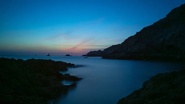 Vista Panorâmica Pointe Raz Pôr Sol Ponto Rochoso Perigoso Que — Fotografia de Stock