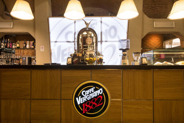 TURIN, ITALY - CIRCA FEBRUARY, 2018: Caffe Vergnano inside Eataly shop in Mole Antonelliana. Eataly is a high-end Italian food market/mall chain founded by Oscar Farinetti in 2004.