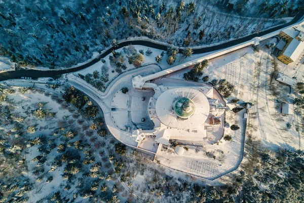 Top Aerial View San Luca Sanctuary Covered Snow Winter Time — Stock Photo, Image