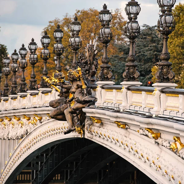 Pont Alexandre Iii Detalhe Pôr Sol Sobre Rio Sena Uma — Fotografia de Stock