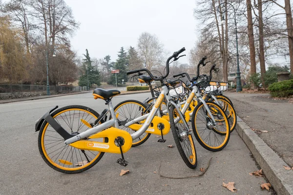 Turin Italy Circa February 2018 Bike Sharing Obike Innovative Free — Stock Photo, Image