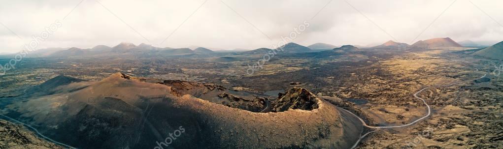 Panoramic aerial view of Crater on the island of Lanzarote. Canary Islands, Spain, Europe. 