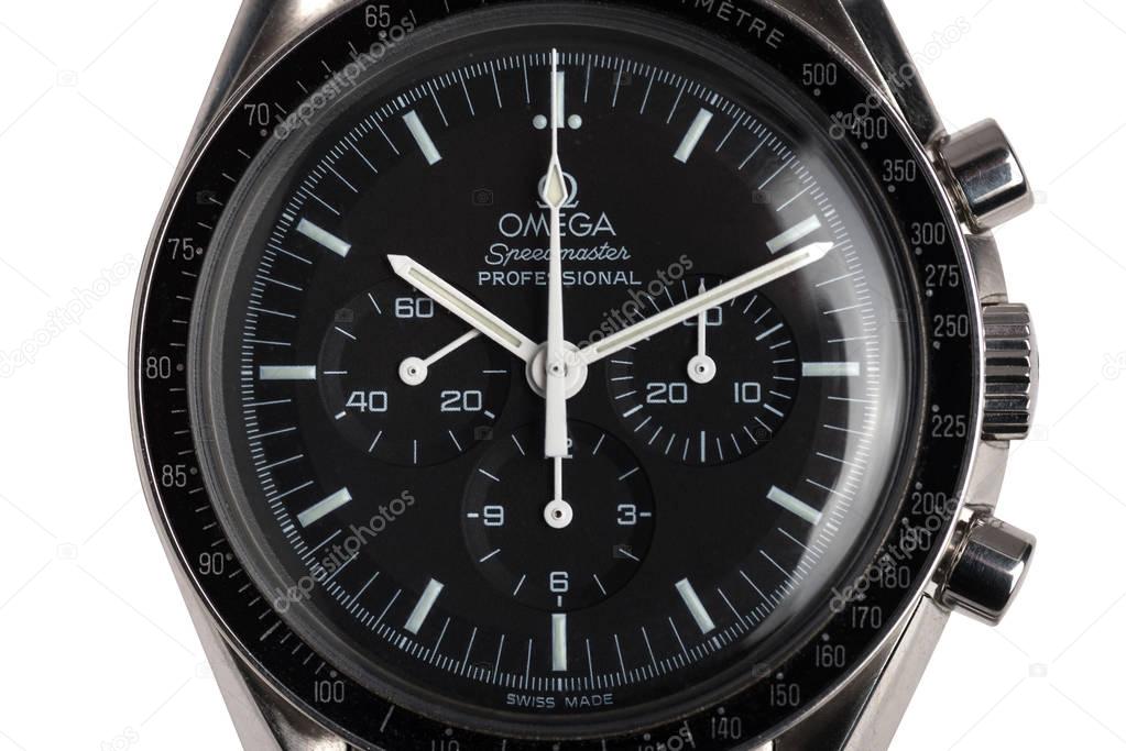 BOLOGNA, ITALY - OCTOBER 12, 2017: Omega Speedmaster Professional watch. Omega has been creating watches since the 19th century and was the first watch on the Moon. Illustrative editorial.