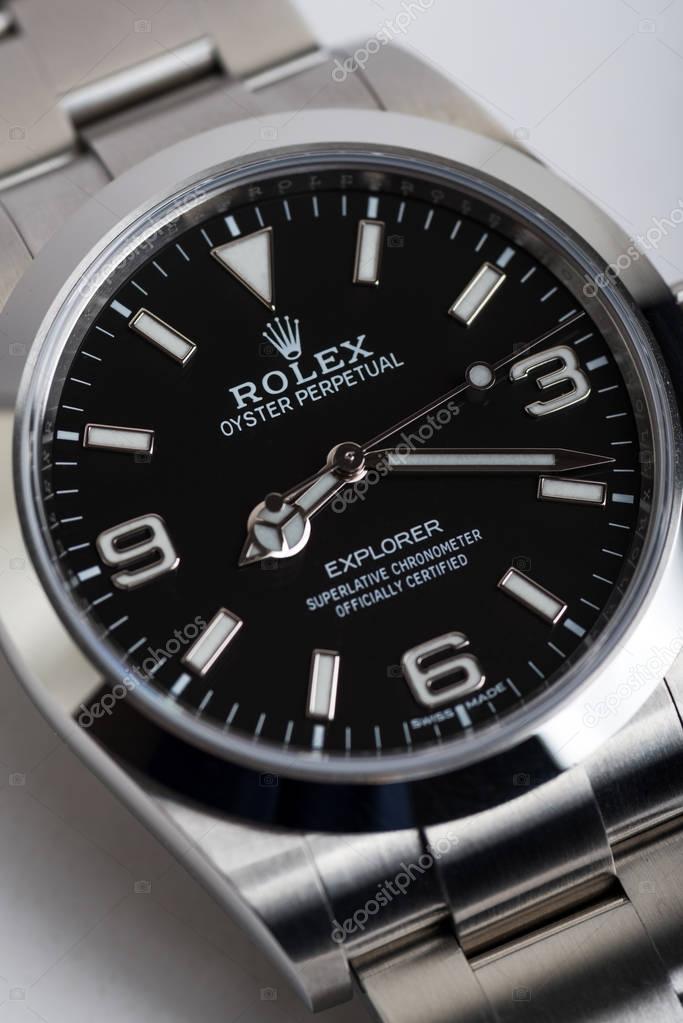 BOLOGNA, ITALY - MARCH 14, 2018: Rolex Oyster Perpetual Explorer watch close up. Rolex SA is a Swiss luxury watchmaker, founded in London in 1905. Illustrative editorial.