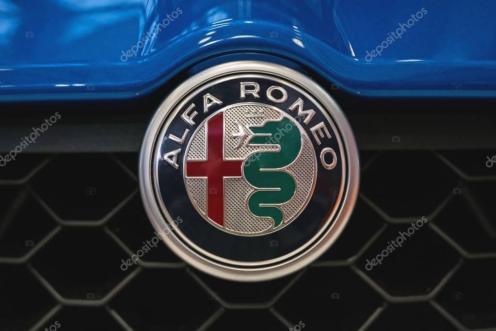 BOLOGNA, ITALY - CIRCA DECEMBER, 2017: Close up of Alfa Romeo logo.