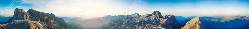 Panoramic aerial view of Dolomites mountains, Italy. 