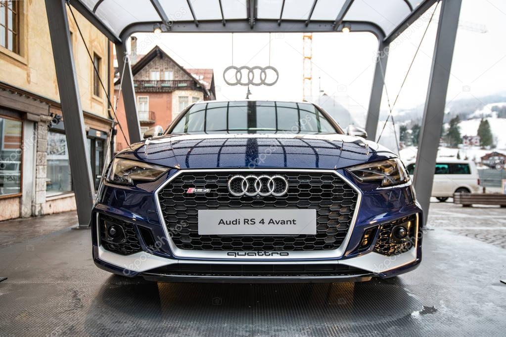 CORTINA, ITALY - CIRCA DECEMBER, 2017: Audi sportscar RS4 avant exposition in the street. Front view.