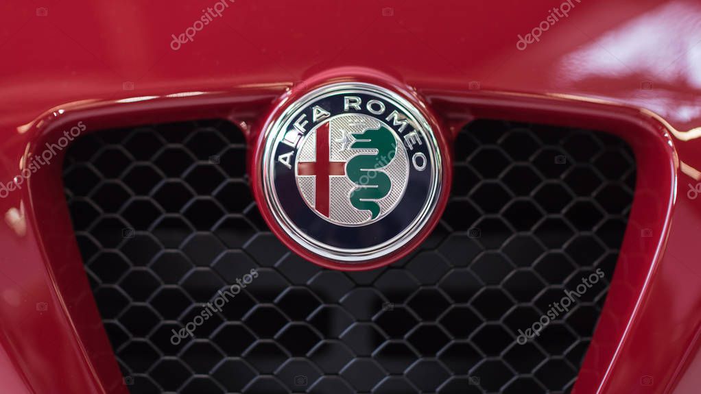 BOLOGNA, ITALY - CIRCA DECEMBER, 2017: Close up of Alfa Romeo logo.
