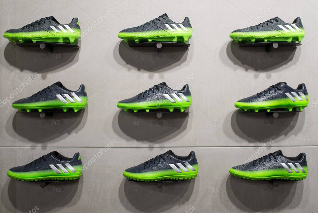 PARIS, FRANCE - CIRCA NOVEMBER 2016: Exposition of Adidas sport shoes.. Adidas s a German multinational corporation that designs and manufactures sports clothing and accessories.