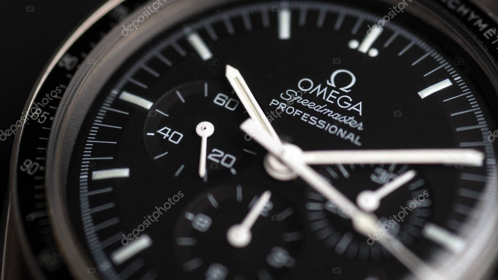 BOLOGNA, ITALY - OCTOBER 12, 2017: Omega Speedmaster Professional watch. Omega has been creating watches since the 19th century and was the first watch on the Moon. Illustrative editorial. Shallow dof