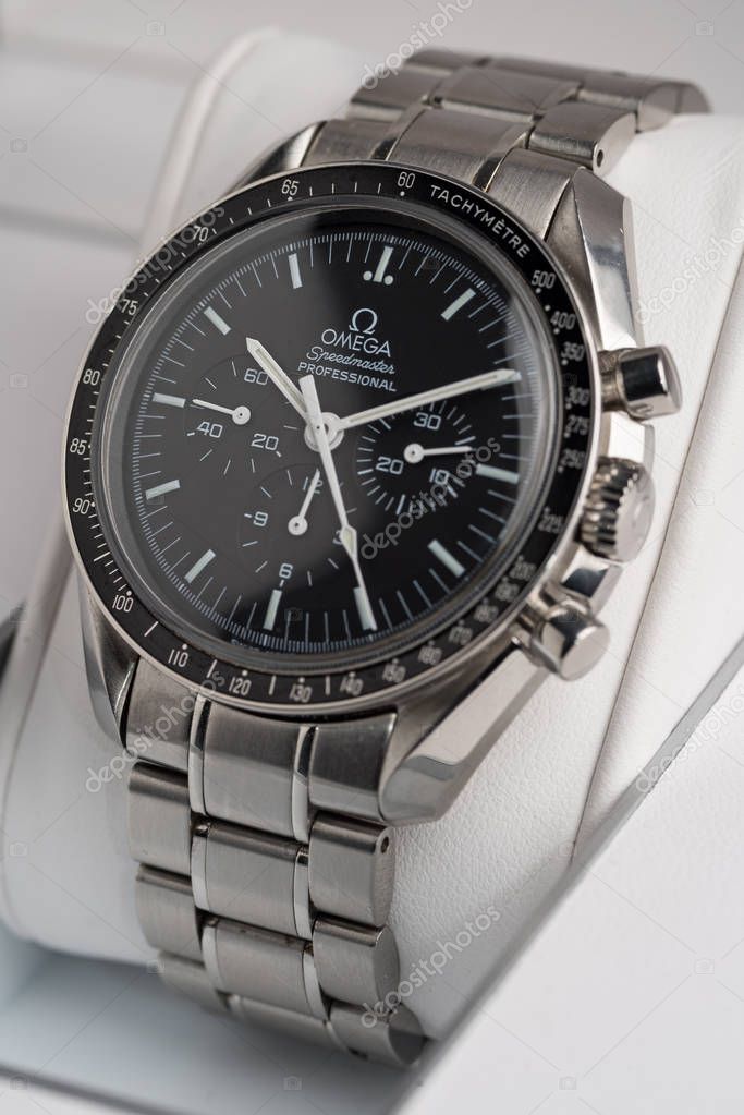 BOLOGNA, ITALY - OCTOBER 12, 2017: Omega Speedmaster Professional watch. Omega has been creating watches since the 19th century and was the first watch on the Moon. Illustrative editorial.