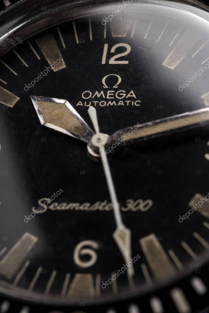 BOLOGNA, ITALY - OCTOBER 12, 2017: Omega vintage Seamaster 300 Professional diver watch. Omega has been creating watches since the 19th century. Illustrative editorial.