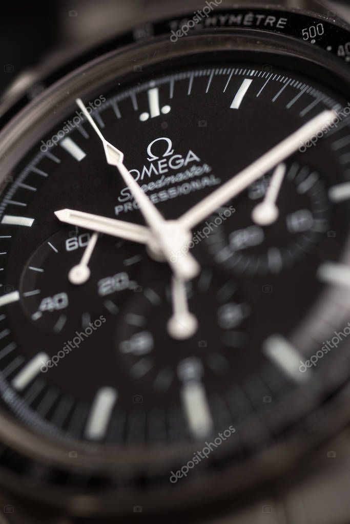 BOLOGNA, ITALY - OCTOBER 12, 2017: Omega Speedmaster Professional watch. Omega has been creating watches since the 19th century and was the first watch on the Moon. Illustrative editorial. Shallow dof
