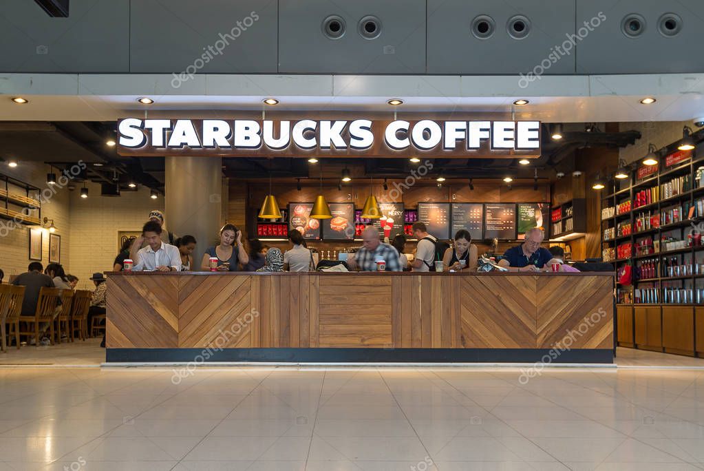 BANGKOK, THAILAND - NOVEMBER 20, 2015: Starbucks coffee inside International Airport. Starbucks is the largest coffeehouse company in the world.