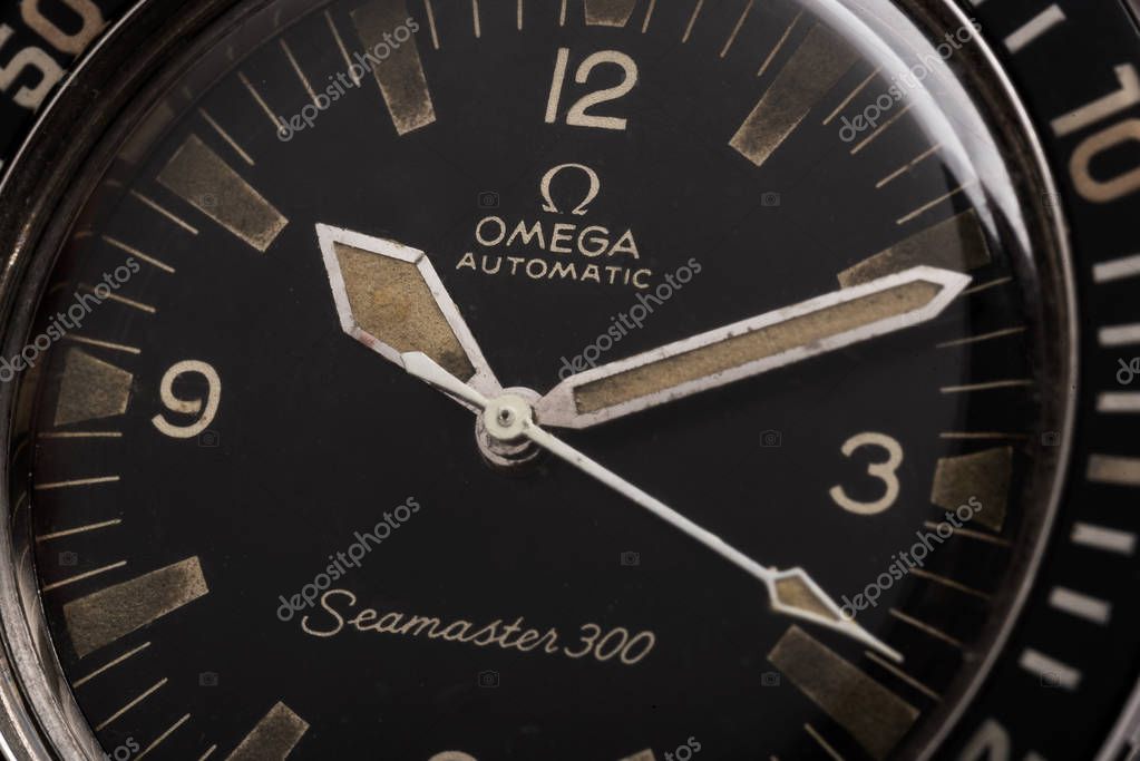 BOLOGNA, ITALY - OCTOBER 12, 2017: Omega vintage Seamaster 300 Professional diver watch. Omega has been creating watches since the 19th century. Illustrative editorial.