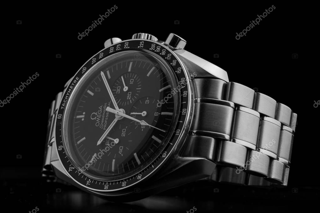 BOLOGNA, ITALY - OCTOBER 12, 2017: Omega Speedmaster Professional watch. Omega has been creating watches since the 19th century and was the first watch on the Moon. Illustrative editorial.