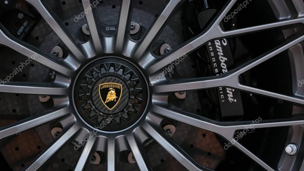 BOLOGNA, ITALY - CIRCA DECEMBER, 2017: Close up of Lamborghini Aventador wheel.
