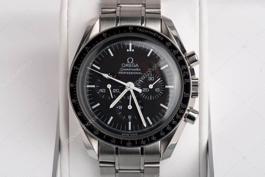 BOLOGNA, ITALY - OCTOBER 12, 2017: Omega Speedmaster Professional watch. Omega has been creating watches since the 19th century and was the first watch on the Moon. Illustrative editorial.