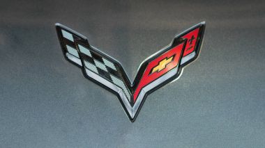 BOLOGNA, ITALY - CIRCA DECEMBER, 2017: Close up of Corvette logo. clipart