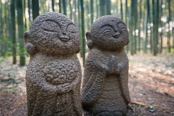 Jizo Estatuas Japonesas Piedra Con Fondo Bosque Bambú Kioto Japón — Foto de Stock