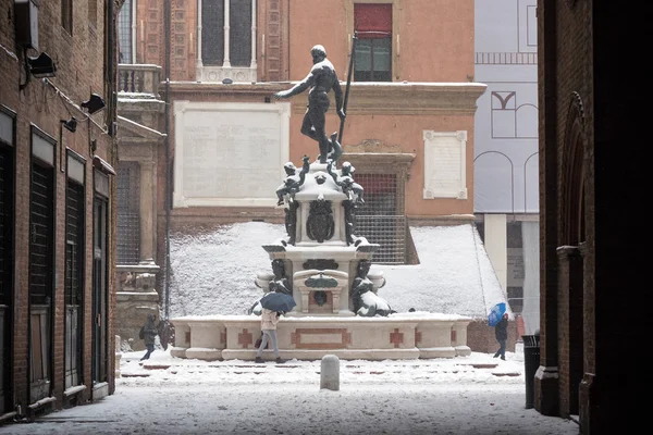 Fontanna Neptuna Pokryte Śniegiem Bologna Włochy — Zdjęcie stockowe