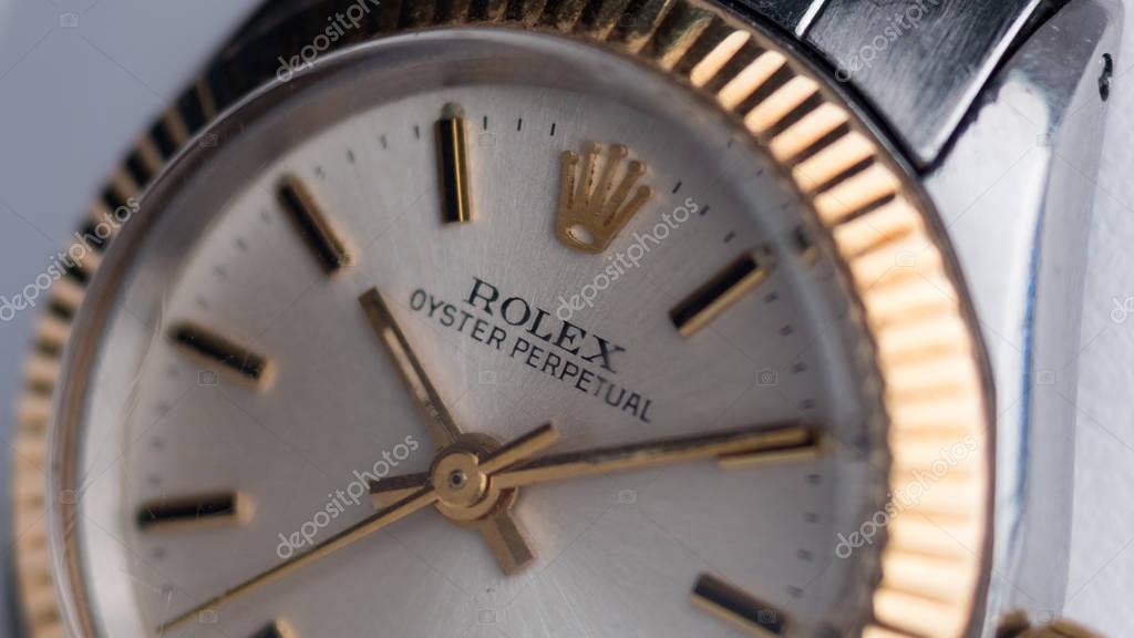 BOLOGNA, ITALY - MARCH 7, 2018: Rolex Oyster Perpetual vintage woman watch. Rolex SA is a Swiss luxury watchmaker, founded in London in 1905. Illustrative editorial.