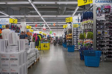 SAN BENEDETTO DEL TRONTO, ITALY - AUGUST 8, 2015: Interior view of Decathlon Sport Store. Decathlon is the largest sporting goods reseller, founded in 1976. clipart