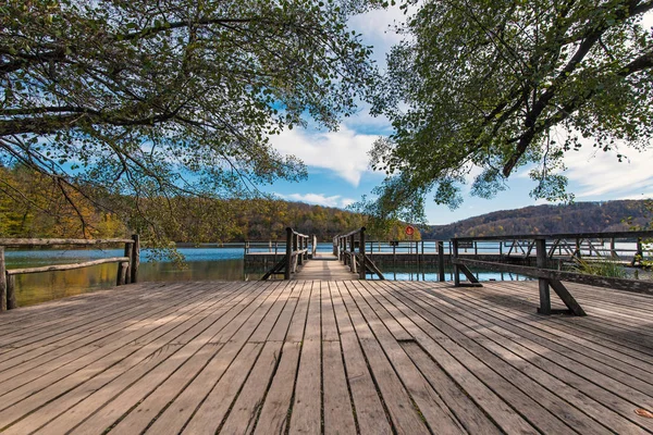 Ahşap Iskele Görünümü Içinde Plitvice Gölleri Milli Parkı Hırvatistan Europe — Stok fotoğraf