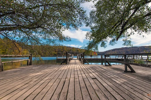 Vista Cais Madeira Dentro Parque Nacional Dos Lagos Plitvice Croácia — Fotografia de Stock