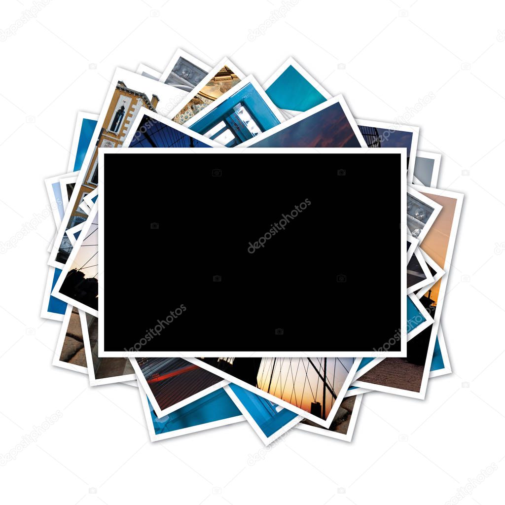 Collection of photos with blank frame in the middle on white background