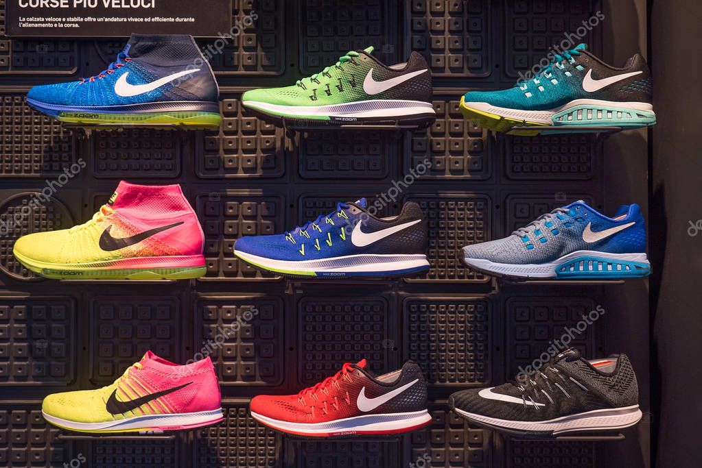MILAN, ITALY - SEPTEMBER 27, 2016: Exposition of nike sport shoes. Nike is one of the world's largest suppliers of athletic shoes and apparel. The company was founded on January 25, 1964.